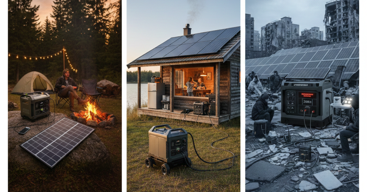 A side-by-side comparison of three scenarios—Camping, Cabin, and Crisis—showing progressively larger portable solar generators being used in each setting, illustrating the ideal generator size for different power needs.