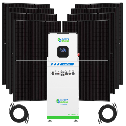 Product - Solar panel system with a central inverter and multiple solar panels on a white background