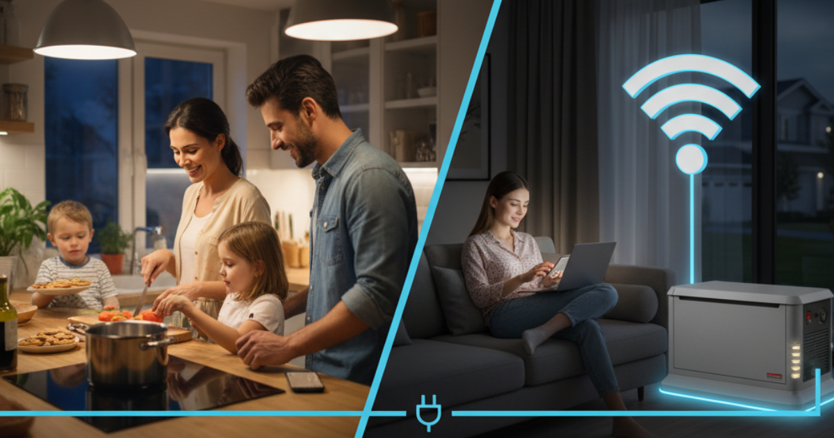 Home generator providing backup power for essential functions like cooking and Wi-Fi during an outage.