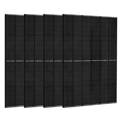Product - Five black solar panels arranged in a row on a white background