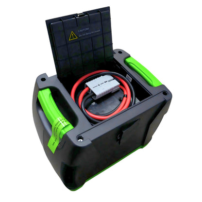 Product - Black and green electrical box with cables and connectors on a white background