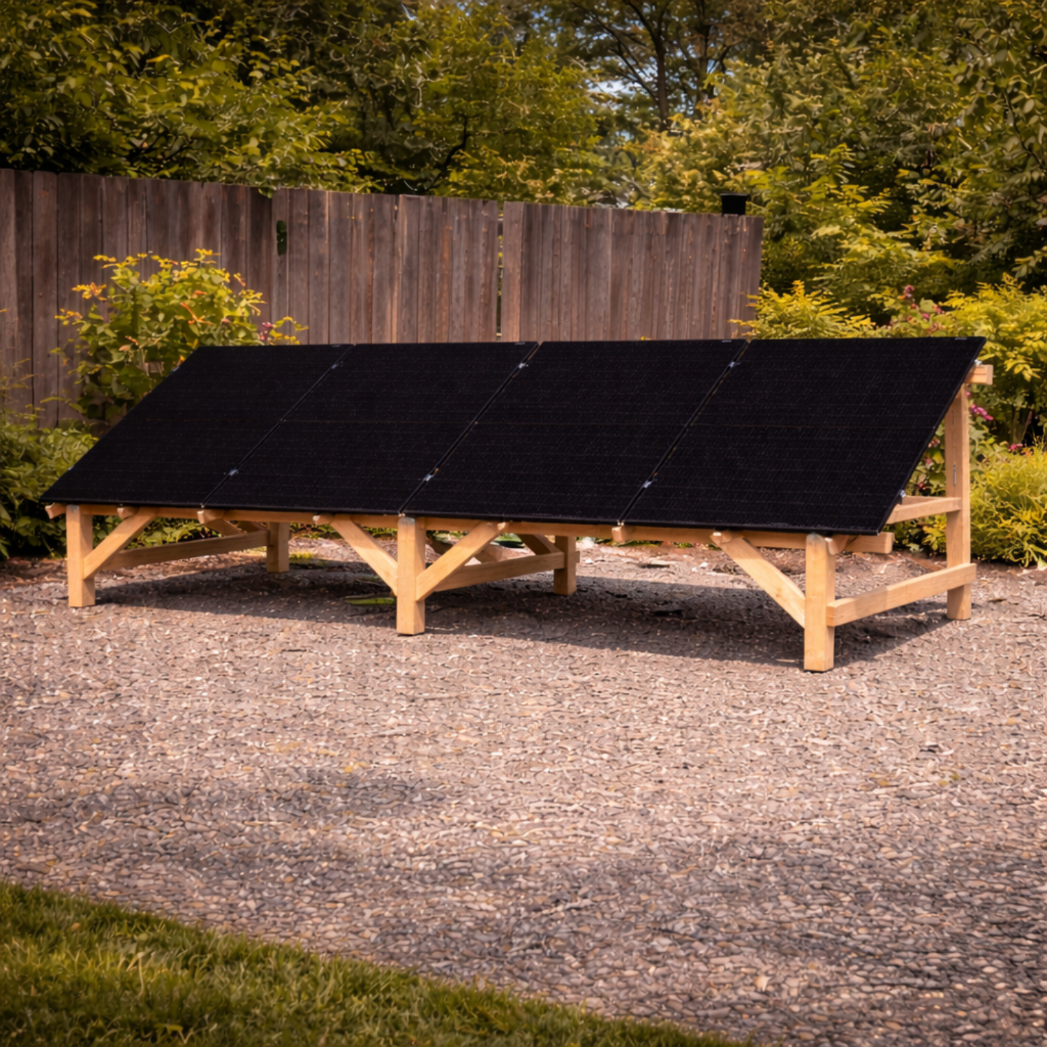 Scene - Solar panels on a wooden frame outdoors with trees in the background