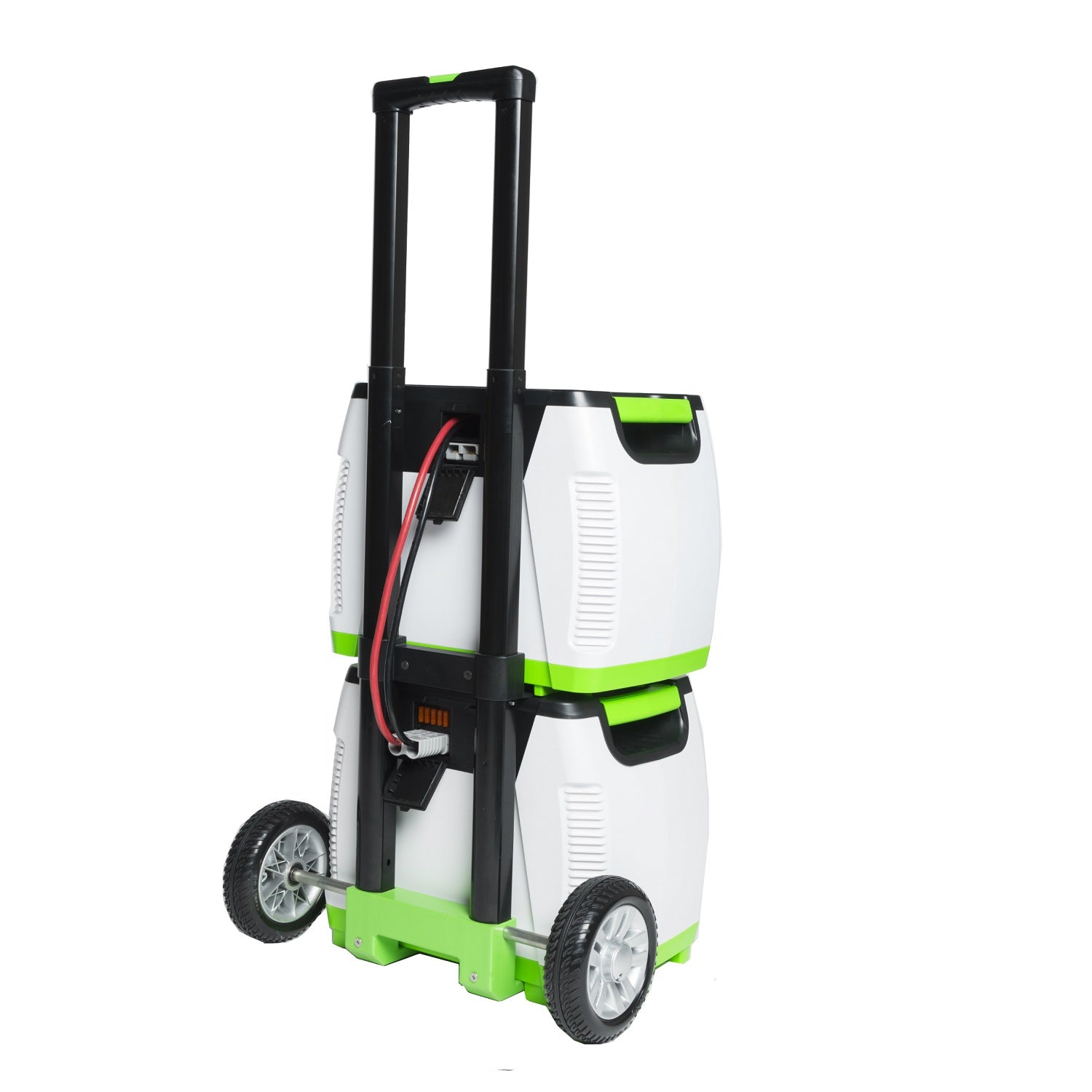 Product 
White and green cleaning machine with wheels on a white background