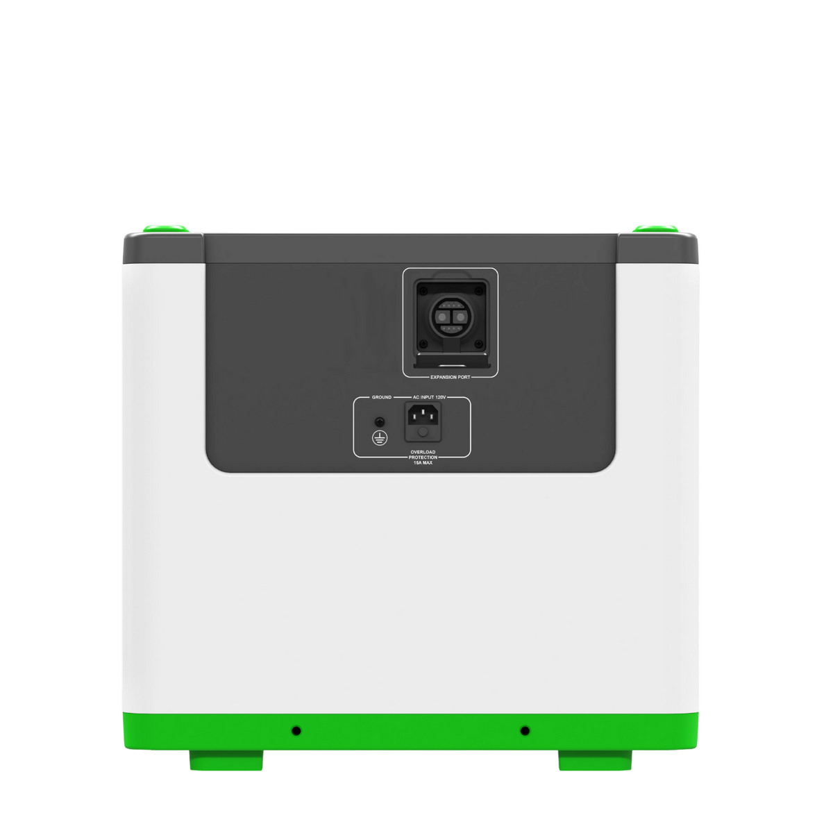 Product - The rear view of a compact rectangular device with a white body, a dark gray back panel, and bright green accents at the base and top corners, shown on a plain white background.