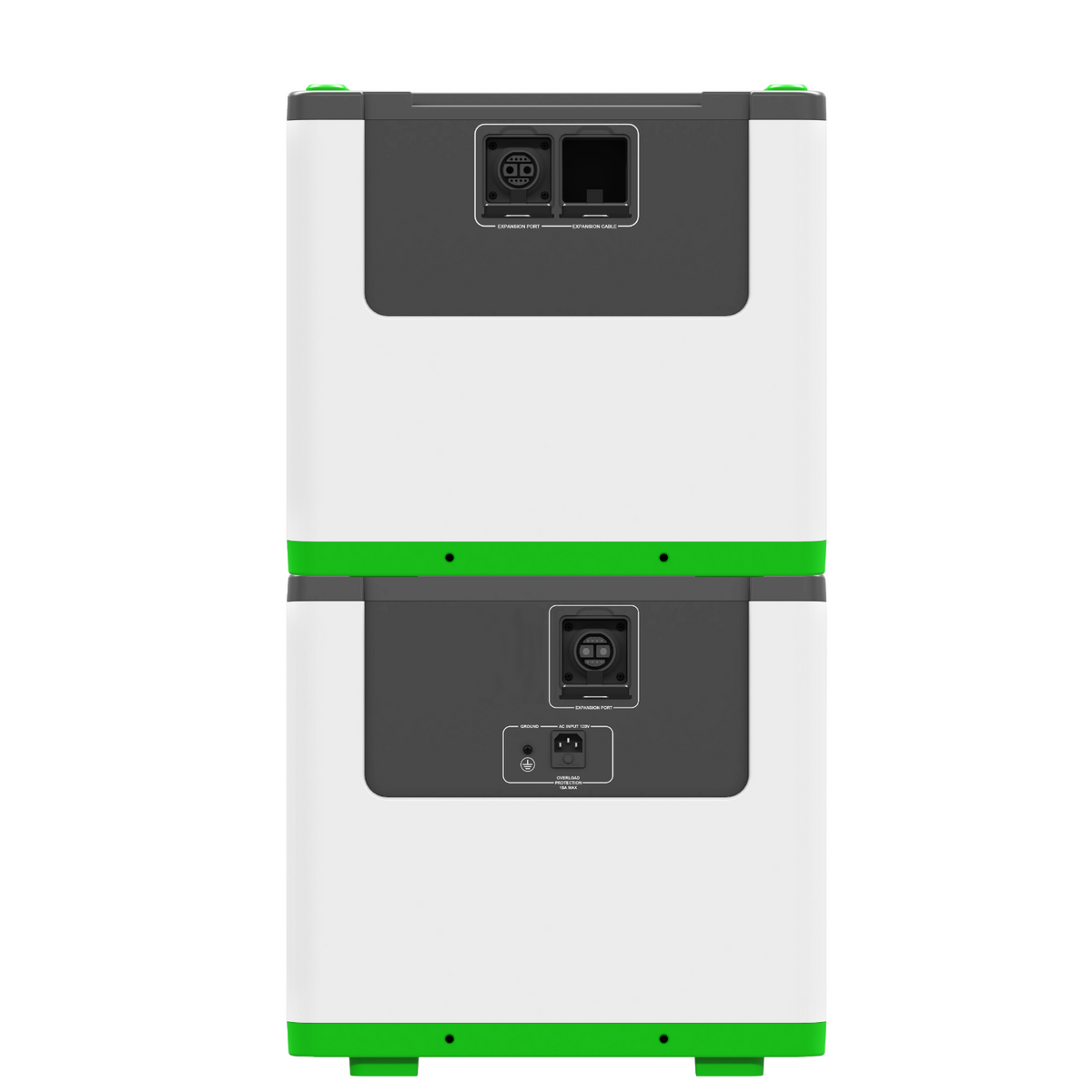 Product - A dual-stack white and gray battery storage system with bright green accents on the top and bottom, shown against a solid white background.