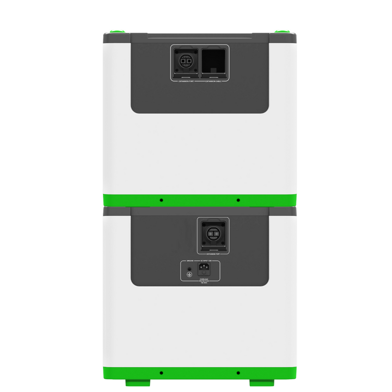 Lithium 3600 Help Center - Product - A dual-stack white and gray battery storage system with bright green accents on the top and bottom, shown against a solid white background. 12