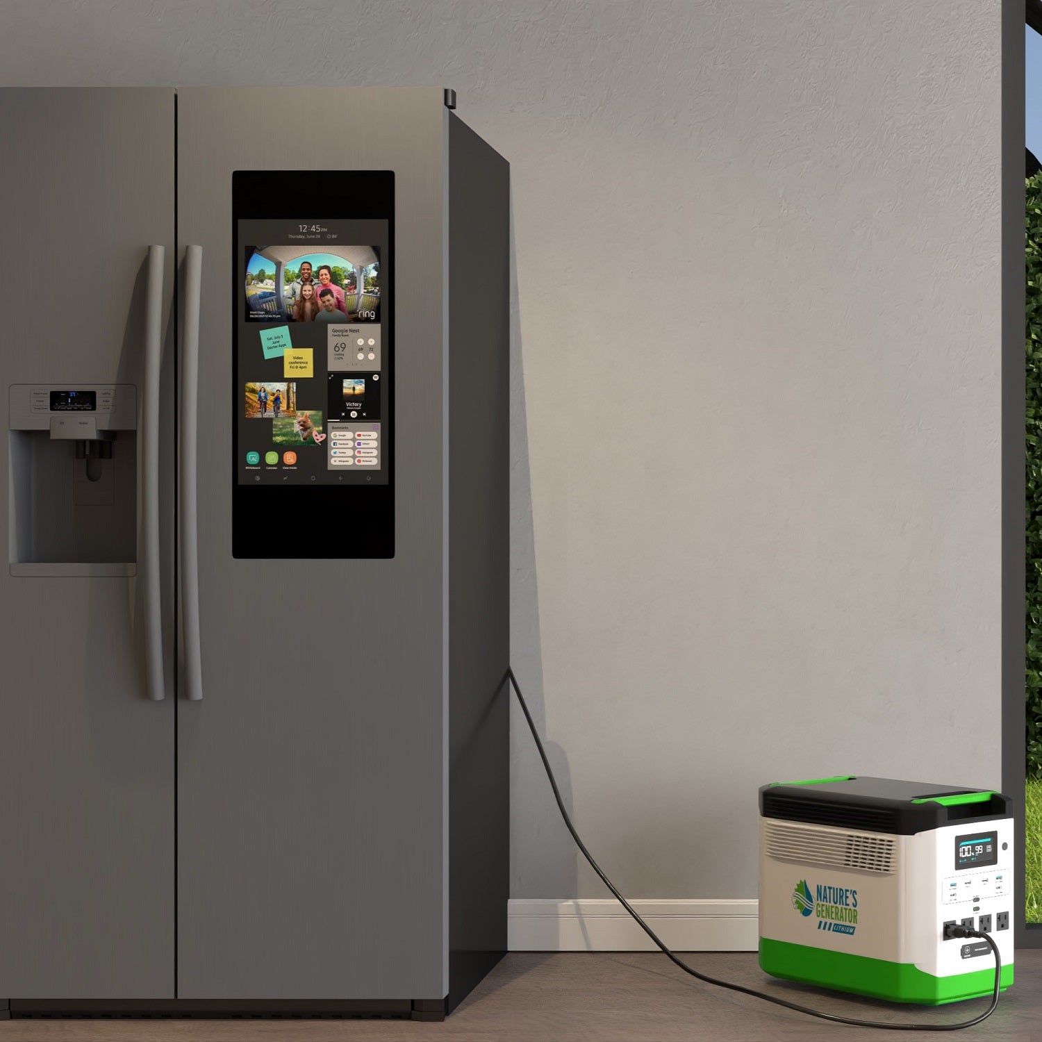 Scene Smart refrigerator with digital display and a power station connected by a cable on a neutral background