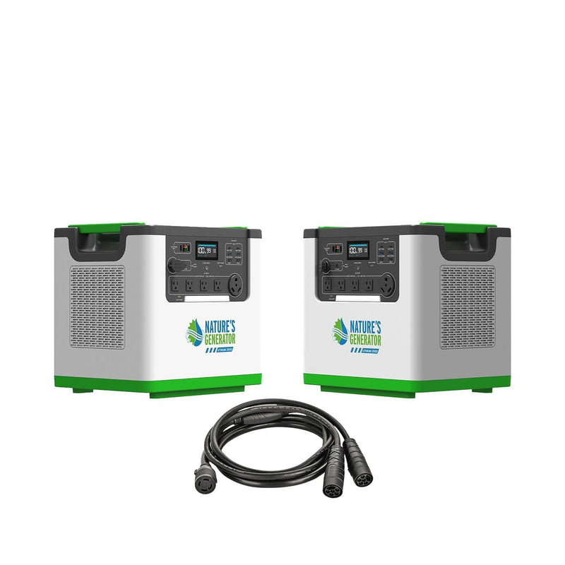 Lithium 3600 - Product 
A white portable power station with green accents, featuring multiple outlets and a digital display, branded by Nature's Generator. 4