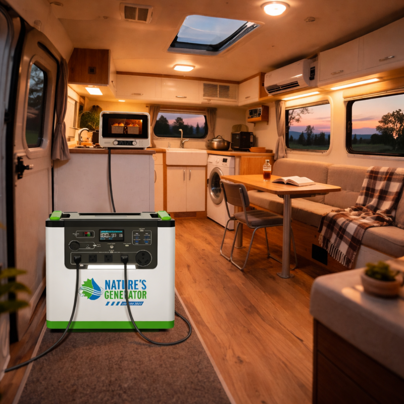Lithium 3600 - Scene - Portable power station labeled 'Nature's Generator' in a compact living space with furniture and appliances. 19