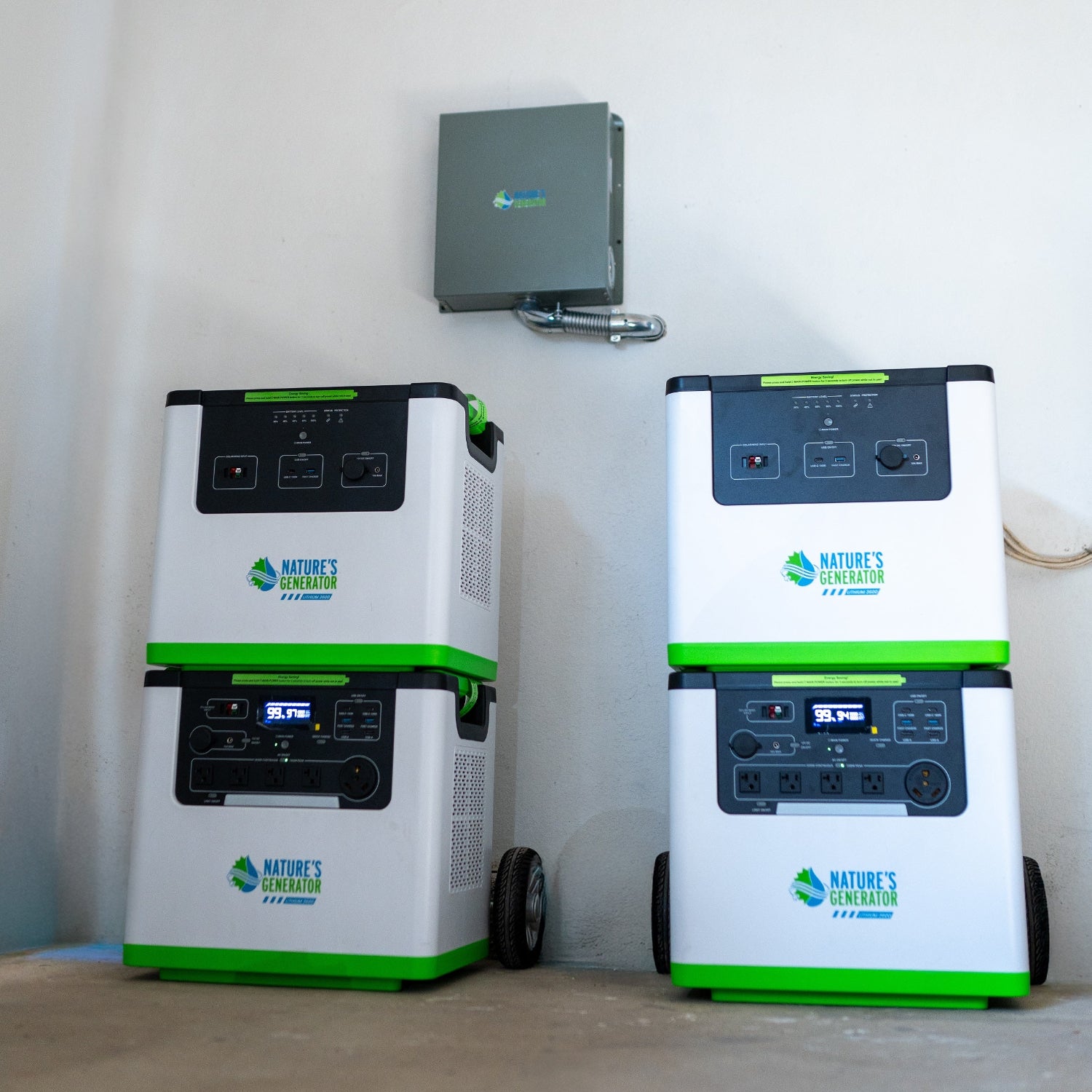 Scene Two portable power stations with a control panel mounted on the wall in a room.