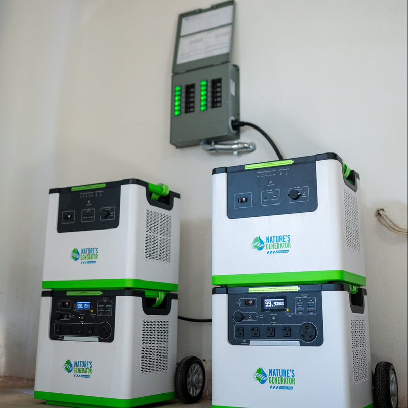 12-Circuit 120/240V 30A Non-Automatic Transfer Switch - Scene - Two green and white power storage units with a control panel on a concrete floor. 13