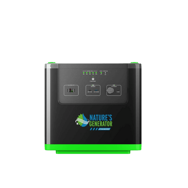Product Black power station with green accents and 'Nature's Generator' branding on a clear background