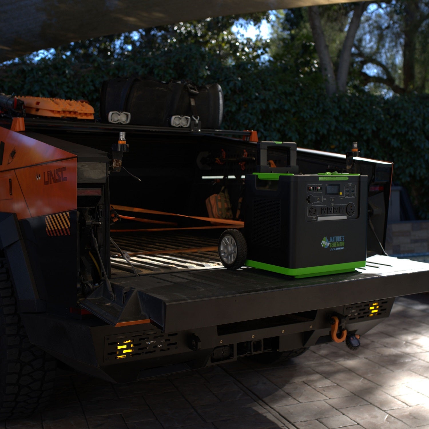 Scene 
Portable power station on a truck bed with trees in the background