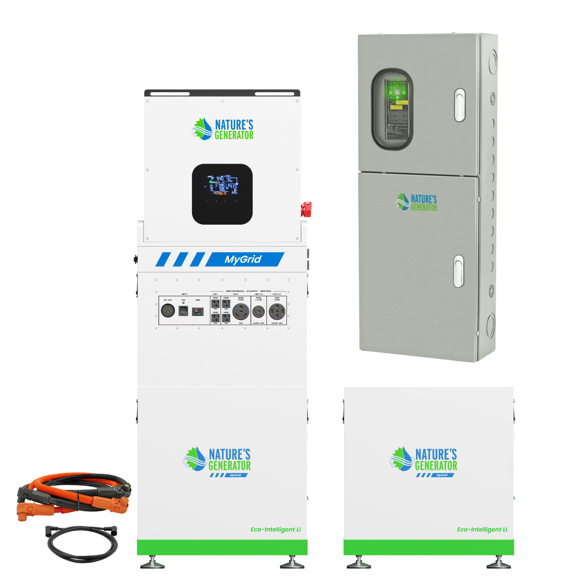 Product Collection of 'Nature's Generator' products including inverters and a cable on a white background.