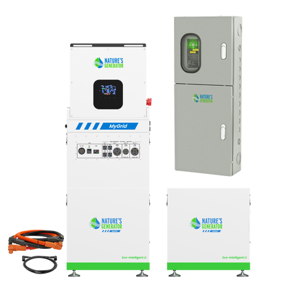 Product Collection of 'Nature's Generator' products including inverters and a cable on a white background.