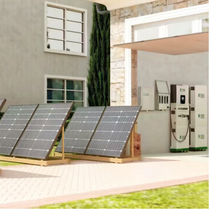 Scene - Solar panels in front of a house with a charging station in the background
