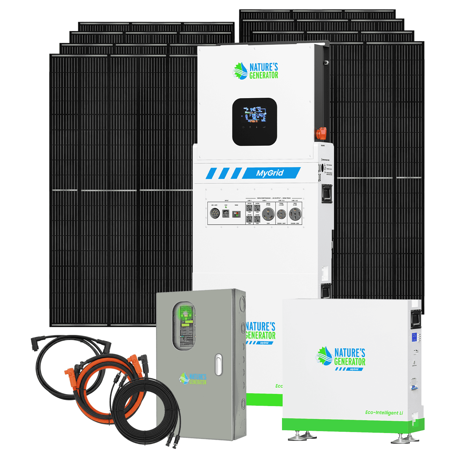 Product Solar panel system with inverters and cables on a white background