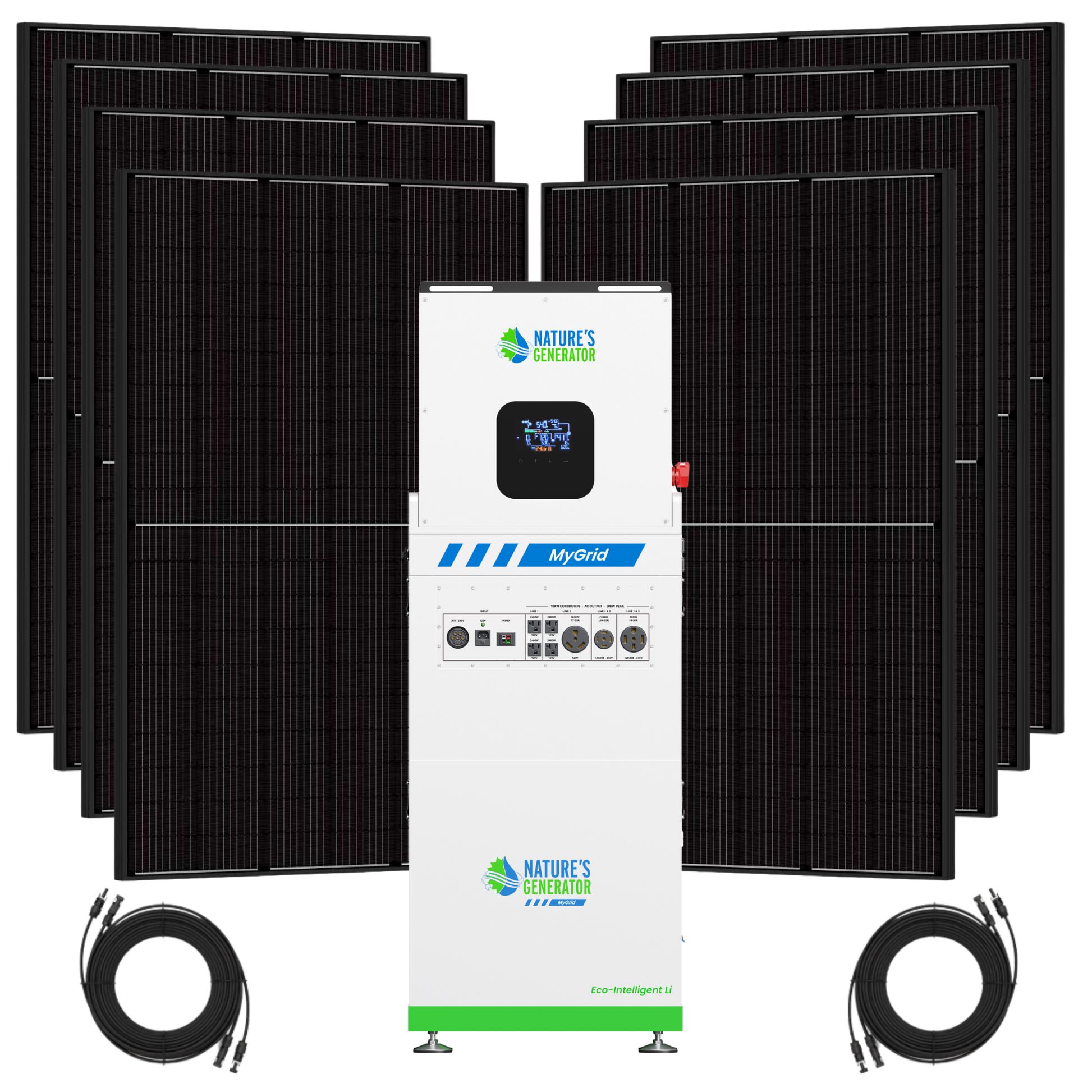 Product - Solar panel system with a central inverter and multiple solar panels on a white background