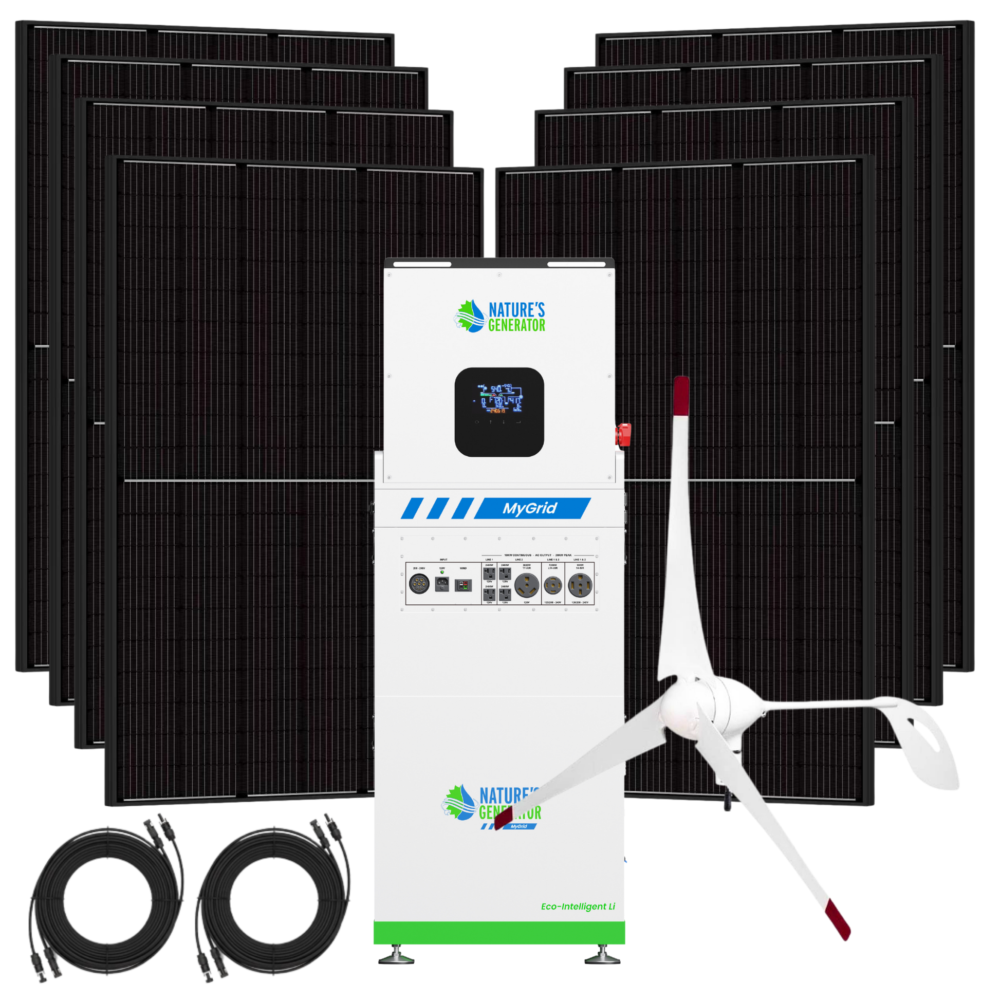 Product - Solar panel system with battery and wind turbine on a white background