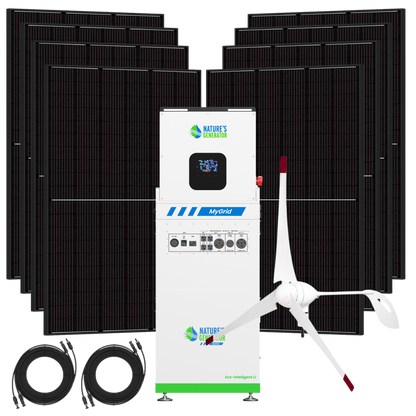 Product - Solar panel system with battery and wind turbine on a white background