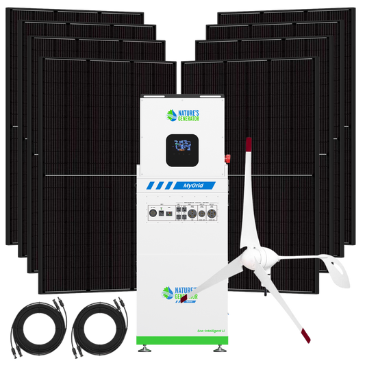 Product - Solar panel system with battery and wind turbine on a white background