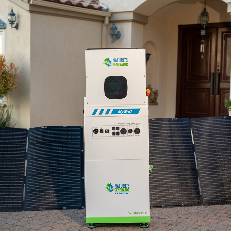 MyGrid 10K - Scene Solar battery storage system with 'Nature's Generator' branding in front of solar panels. 15