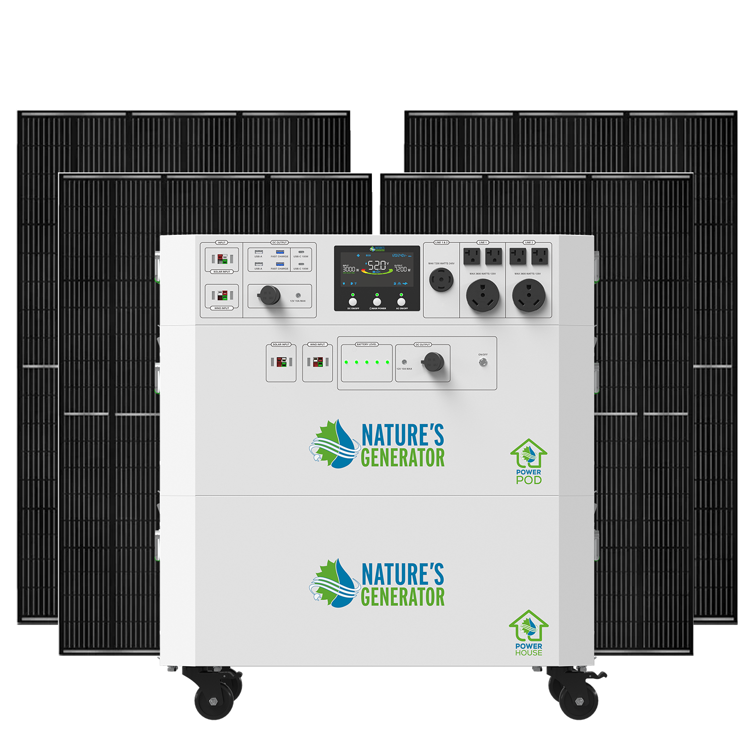 Product - Nature's Generator Powerhouse with Power Pod Solar Generator Front x4 410W Rigid Panel