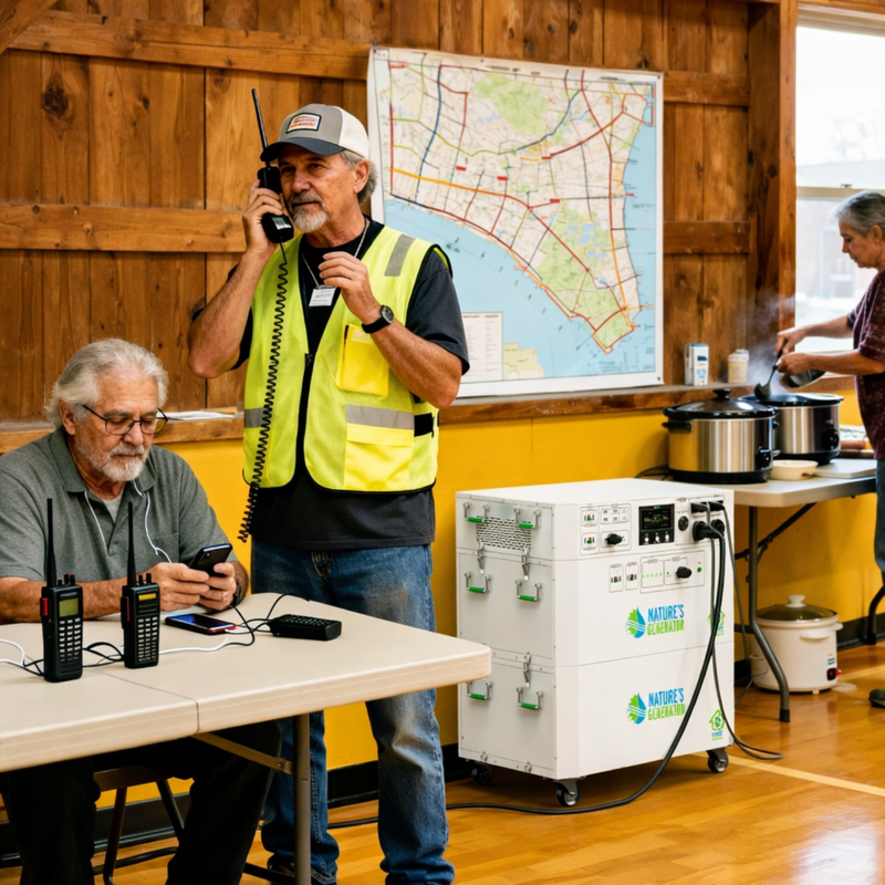 Powerhouse - Scene - Man in a yellow safety vest using a walkie-talkie in a room with tables, Powerhouse, and a map on the wall. 21