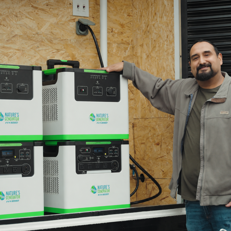 Lithium 3600 Help Center - Scene - A man in a gray jacket stands next to a stack of white and green portable power stations branded Nature's Generation, set against an OSB wood wall background. 20